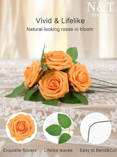 Miniatura 193 de N&T NIETING Flores artificiales, rosas artificiales de color rosa intenso, 50 piezas de flores falsas con tallo para ramos de boda DIY, centros