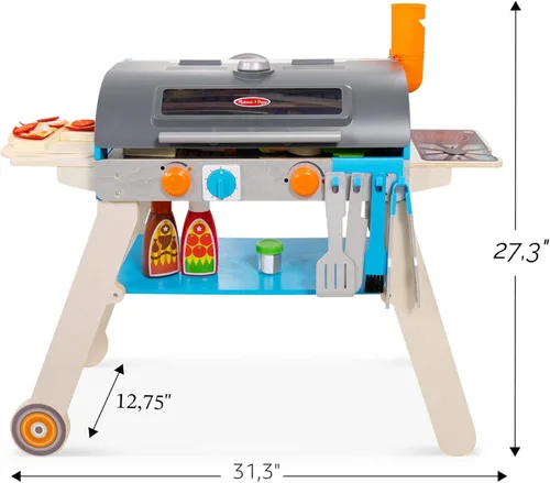 Miniatura 4 de Melissa & Doug Parrilla de barbacoa de madera de lujo, ahumador y horno de pizza, comida de juguete y accesorios de cocina para niños, juguetes