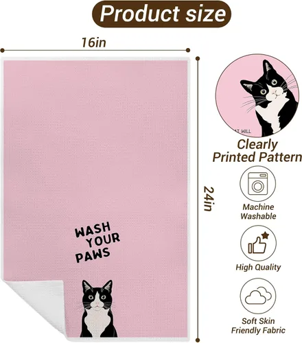 Miniatura 2 de Divertidas toallas de mano de baño con esmoquin rosa, decoración de baño para gato, toallas de mano de gatito blanco y negro para baño, 16 x 24