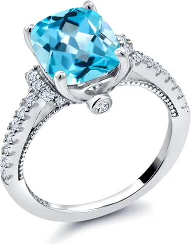 Miniatura 3 de Gem Stone King Anillo de compromiso de topacio azul suizo y zafiro blanco de 4.00 quilates para mujer, juego en plata de ley 925, corte cojín