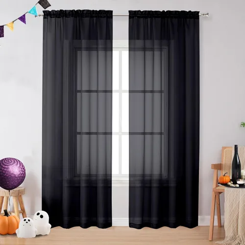 OVZME 2 cortinas traslúcidas negras de 96 pulgadas de largo para sala de estar, cortinas de gasa ligeras y aireadas, con bolsillo superior para Negro