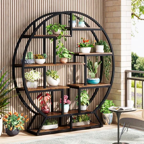 Miniatura 6 de Tribesigns Estantería redonda Etagere, estantería de madera industrial de 63 pulgadas con estantes escalonados, estante organizador de estantes Gris