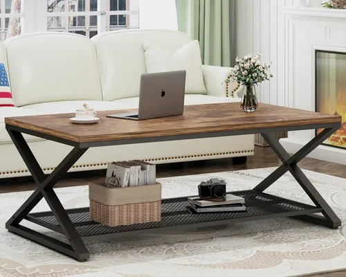 Miniatura 3 de LVB Mesa de café negra, mesas centrales de 2 niveles de metal y madera con estante de almacenamiento, mesa de té moderna rectangular para el cóctel