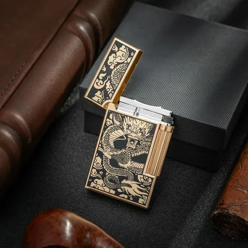 Miniatura 5 de Encendedor de gas de dragón de metal recargable, pedernal de llama ajustable, diseño de dragón chino vintage, encendedor de butano de llama suave