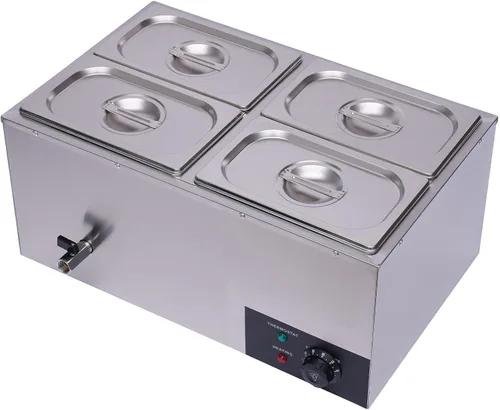 Mesa de vapor Bain Marie de 4 bandejas, mesa de vapor comercial para encimera, calentador de alimentos de 600 W, 16.9 cuartos de galón, calentador