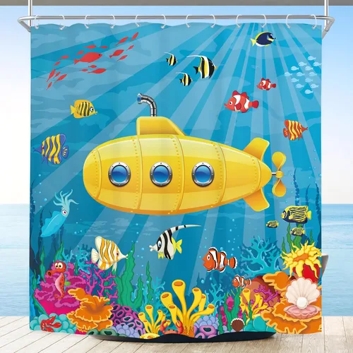Riyidecor Cortina de ducha infantil para decoración de baño, 72 pulgadas de ancho x 72 pulgadas de alto, diseño de dibujos animados, amarillo,