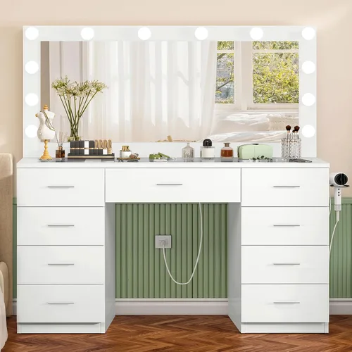 Miniatura 13 de FIONESO Escritorio grande con espejo y luces, tocador de maquillaje con 11 cajones y 6 estantes abiertos, 3 modos de iluminación, brillo ajustable