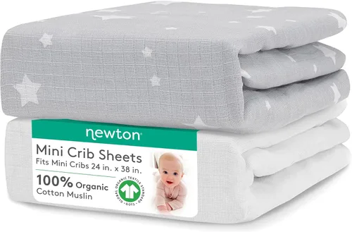 Miniatura 14 de Newton Baby Sábanas bajeras ajustables para mini cuna (paquete de 2) Sábanas de algodón de muselina orgánico, transpirables y suaves, sábanas