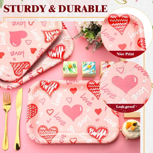 Miniatura 4 de Ziliny 24 platos de papel desechables con forma de corazón, bandejas rectangulares de 13 x 9 pulgadas, bandejas grandes para servir para bodas, Rosa