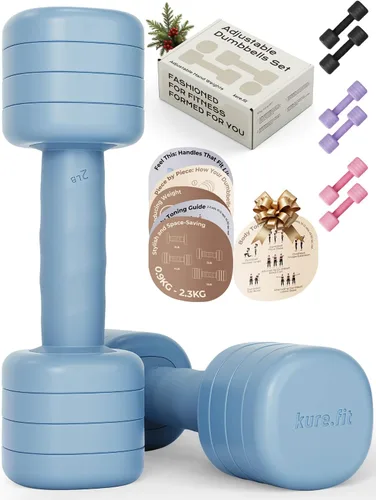 Juego de mancuernas ajustables azules de 2 a 5 libras y kit de pilates rosa