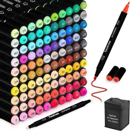 Taotree Marcadores de Alcohol, Juego de Rotuladores de Arte de 101 Colores con Puntas Dobles, Rotuladores de Cincel y Punta Fina para Bocetos, Kit