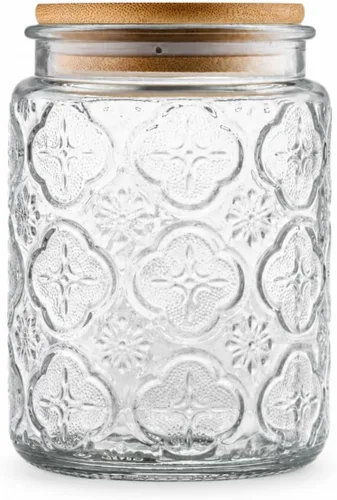 ANSQU - Tarro de vidrio vintage con tapa de bambú, tarro decorativo de 23.7 onzas, lindo frasco | Recipiente de almacenamiento de vidrio con tapa,