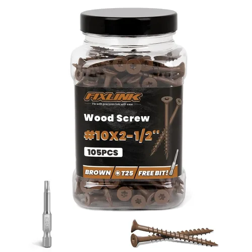Wood Screws 2-1/2 Inch, FIXLINK Deck Screws #10 x 2-1/2", 105 PCS, T25 Star Bit Above 1500 Hour Salt Spray Coating Outdoor Decking Screws for Wood