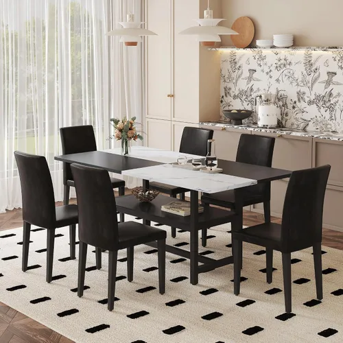 Miniatura 12 de Juego de mesa de comedor de 71 pulgadas para 6 personas con estante de almacenamiento, juego de mesa de comedor rectangular industrial moderna