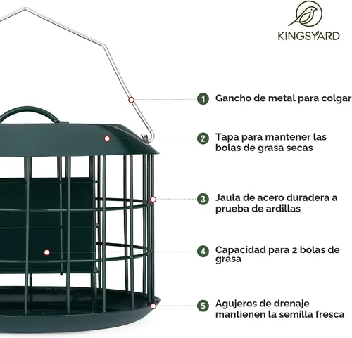 Miniatura 4 de Kingsyard Comedero de sebo a prueba de ardillas, comedero para pájaros en jaula para colgar al aire libre, todo de metal, capacidad de doble sebo