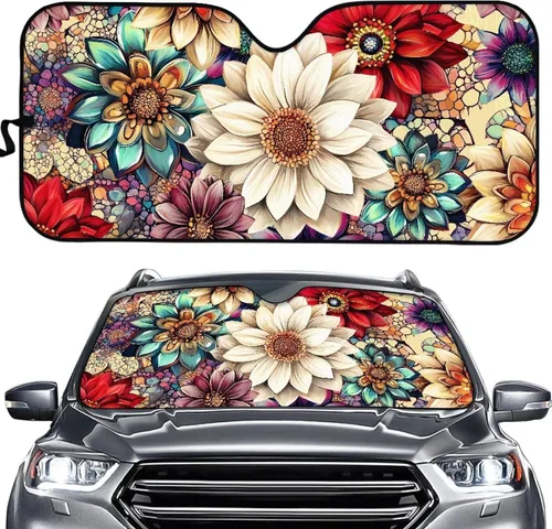 HUGS IDEA Parasol plegable para parabrisas de automóvil, diseño de flores, bohemio, para la mayoría de los sedán, SUV, camión, parabrisas delantero