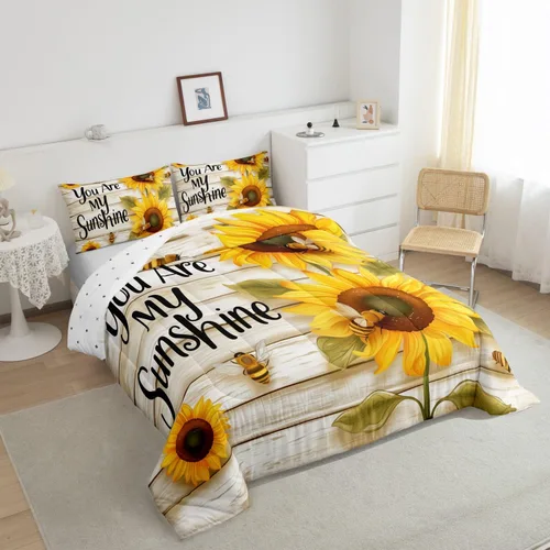 Miniatura 4 de Erosebridal Juego de ropa de cama con estampado de girasol, letras retro y flores amarillas, decoración de dormitorio, edredón de plumón de abeja