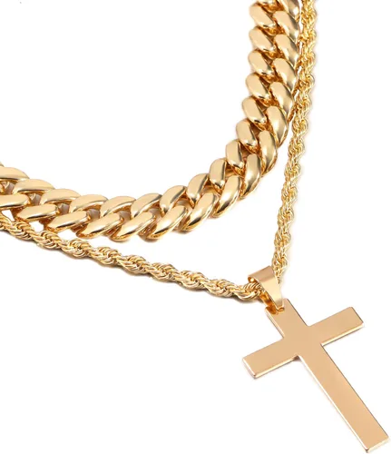 Miniatura 6 de 2 collares de cruz para hombres y mujeres, cadena de eslabones cubanos de plata dorada y negra para hombres, cadena de cuerda en capas, collar