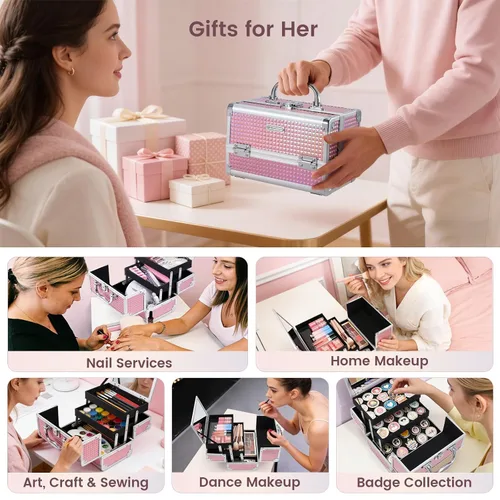 Miniatura 3 de Estuche de Tren de Maquillaje FRENESSA Caja de Maquillaje Organizador Portátil Estuche de Cosméticos para Viaje Estuche de Maquillaje con Espejo