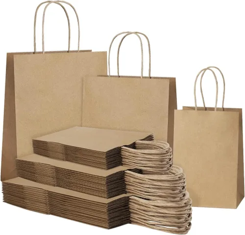 SHOPDAY 45 bolsas de papel marrón con asas, bolsas de regalo de varios tamaños, bolsas de papel kraft a granel 5x3x8 y 8x4x10.5 y 10x5x13, 15