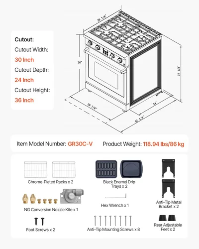 Miniatura 7 de VEVOR Horno de Cocina a Gas, 30 Pulgadas de Ancho, Estufa y Horno Independiente de Acero Inoxidable con 4 Quemadores Sellados en la Superficie