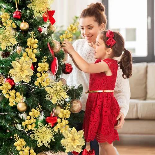 Miniatura 6 de Kit de 36 piezas de adornos de tallos de flores de nochebuena con purpurina y bayas, 24 piezas de flores artificiales con clips y 12 piezas de púas