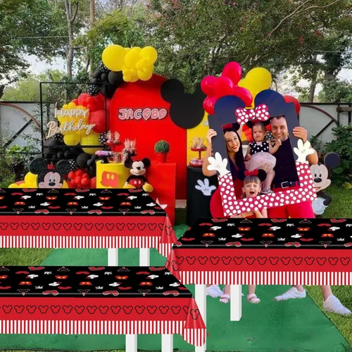 Miniatura 9 de 3 manteles de cumpleaños de ratón para fiestas de 51 x 87 pulgadas, manteles de plástico negro y rojo para niños y niñas, mantel rectangular