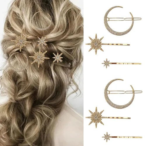 6 pinzas para el cabello con diamantes de imitación, estrellas y luna, horquillas vintage de estrellas, horquillas decorativas de cristal, alfileres