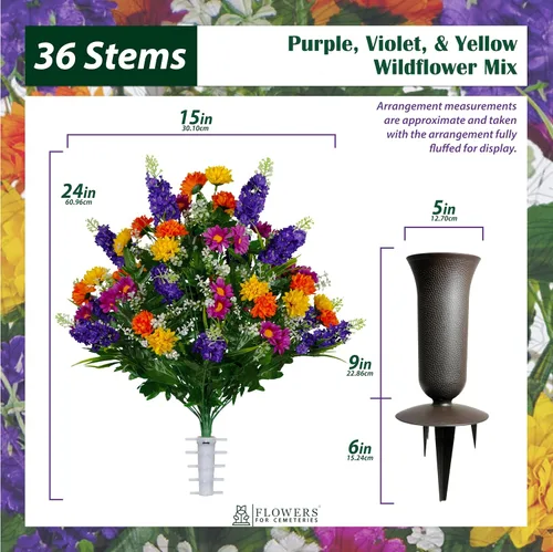 Miniatura 2 de Sympathy Silks Flores artificiales para cementerios – Decoraciones para tumbas - 1 ramo de flores silvestres de violeta púrpura y naranja, 1 montura