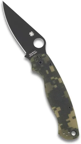 Spyderco Para Military 2 Signature - Cuchillo de camuflaje con hoja de acero negro CPM S30V de 3.42 pulgadas y mango G-10 duradero, borde liso,