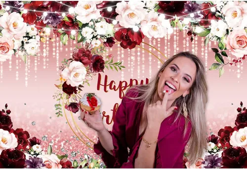 Miniatura 3 de Sensfun Telón de fondo floral de feliz cumpleaños, flores burdeos, oro rosa, purpurina Bokeh, fondo de fotos, fondo de vinilo para fiesta
