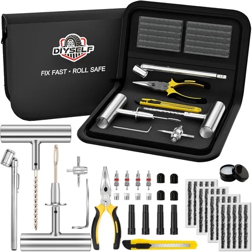 DIYSELF Kit de reparación de neumáticos de 45 piezas, kit de tapones para neumáticos, kit de parches para neumáticos de servicio pesado, kit de
