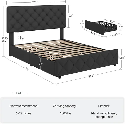 Miniatura 2 de IDEALHOUSE Base de cama de tamaño matrimonial con 4 cajones de almacenamiento y cabecera ajustable, camas de plataforma tapizadas con tapizado
