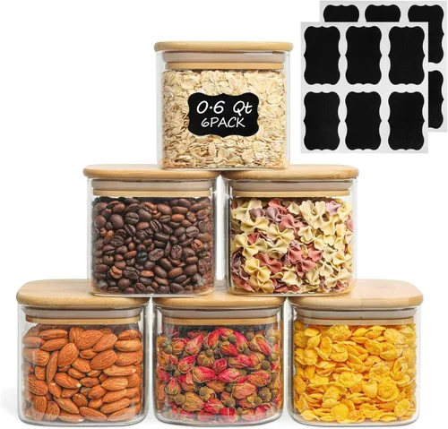ComSaf Juego de tarros de almacenamiento de alimentos de vidrio de 0.6 Qt, juego de 6 tarros de almacenamiento transparentes con tapas herméticas,