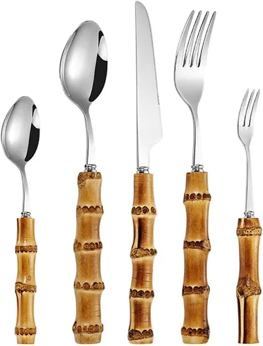 juegos de cubiertos plateados de bambú, juegos de cubiertos de bambú para 18, juegos de cubiertos de cocina domésticos, se recomienda lavar a mano