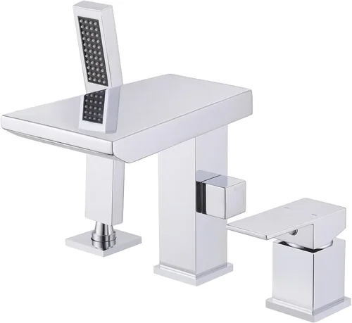 Miniatura 9 de Grifo de bañera romana tipo cascada con ducha de mano, grifo llenador de bañera de montaje en cubierta con rociador, juego de grifería de ducha