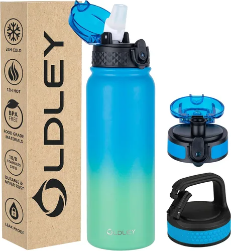 Miniatura 51 de Botella de agua aislada Oldley de 12 oz con pajita, botella de agua de acero inoxidable con 2 tapas, botellas de doble pared con vacío para adultos