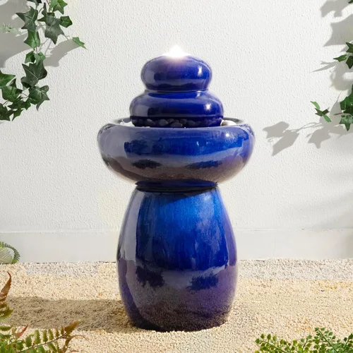 Miniatura 10 de Glitzhome Fuente de agua de cerámica para jardín de 14.75 pulgadas de alto con luces LED y bomba, dos pájaros en relieve con patrón de hojas