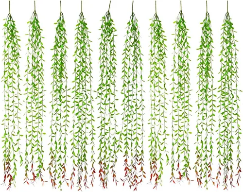 Paquete de 10 enredaderas artificiales colgantes, hiedra falsa, sauce llorón, hojas verdes, plantas de plástico, guirnalda sintética resistente a