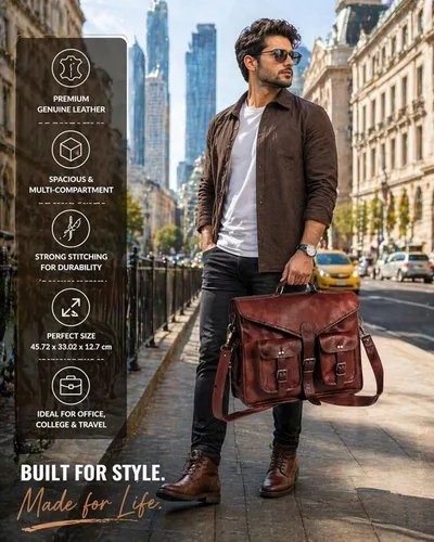 Miniatura 6 de cuero Bolsa de cuero para portátil de 15 pulgadas, maletín de oficina, bolsa de viaje cruzada para hombres y mujeres, bolsa universitaria, bolsa