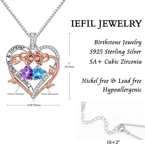 Miniatura 5 de Iefil Collar de piedra natal de corazón rosa, regalos para mujeres, mamá, abuela, joyería de piedra natal natural o creada, para el día de la madre