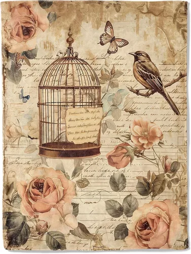 Manta vintage de jaula de pájaros y rosas, ultrasuave, forro polar, ligera, floral y retro, para sofá, habitación romántica, dormitorio, decoración