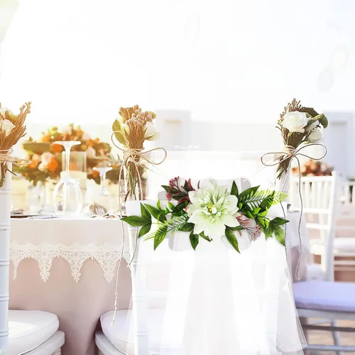 Miniatura 2 de Juego de 6 decoraciones para sillas de pasillo de boda, flores artificiales con cintas, sillas, respaldo de banco, arreglo floral para decoración