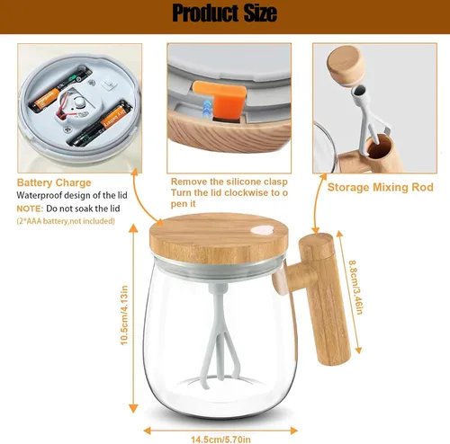 Miniatura 3 de Taza automezclable, taza de café eléctrica de 13.5 onzas con tapa, varilla de agitación desmontable, para oficina, viajes, hogar, café (transparente)