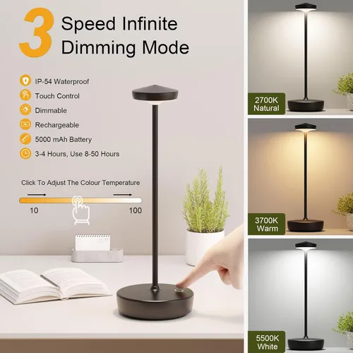 Miniatura 3 de Lámpara de mesa LED recargable inalámbrica, lámpara de mesa de 5000 mAh con tacto para exterior, lámpara de mesa portátil con batería, con función