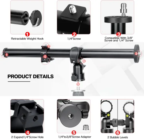 Miniatura 5 de Koolehaoda Brazo de extensión de trípode de 16.5" con columna central horizontal, extensión de boom de 28mm con base giratoria rotativa de 360°