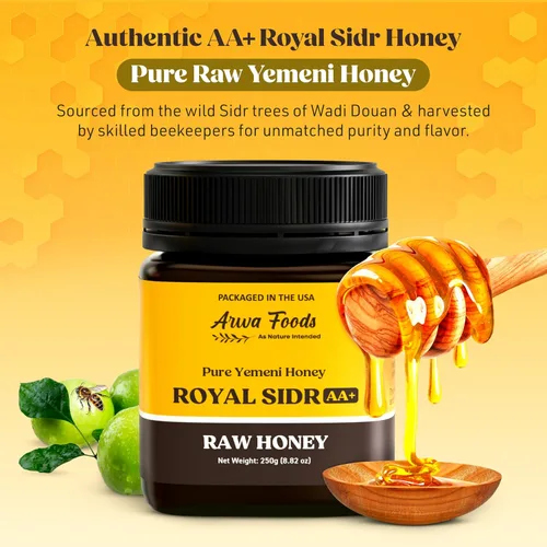 Miniatura 3 de Arwa Foods Royal Sidr AA+ - Miel cruda Royal Yemeni de Wadi of Douan - Miel cruda 100% sin filtrar, cruda y pura, sellada y empaquetada en Estados