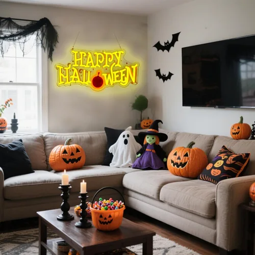 Miniatura 6 de Letrero de neón de feliz Halloween, letrero de bienvenida de LED para puerta delantera/recámara/hogar/patio, alimentado por USB, 16.5×8.6 pulgadas