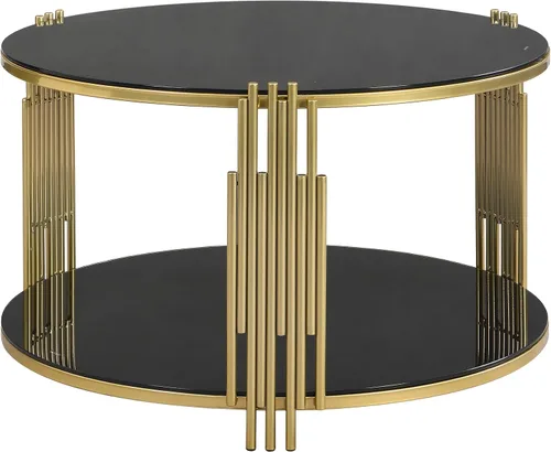 Miniatura 6 de Mesa de centro de vidrio templado de 31.5 pulgadas, moderna mesa de té dorada de 2 niveles con estante inferior, mesas centrales de lujo con marco