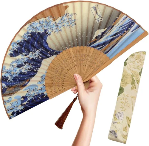 Miniatura 16 de OMyTea abanico plegable de mano para mujer - abanico de bambú y seda vintage chino/japonés plegable - para sofocos, iglesia, EDM, festival